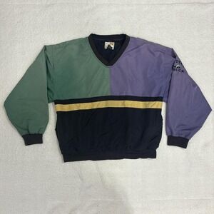 Vintage Colorblock Sweatshirt – V-Neck Embroidered Sleeve & Retro Graphics